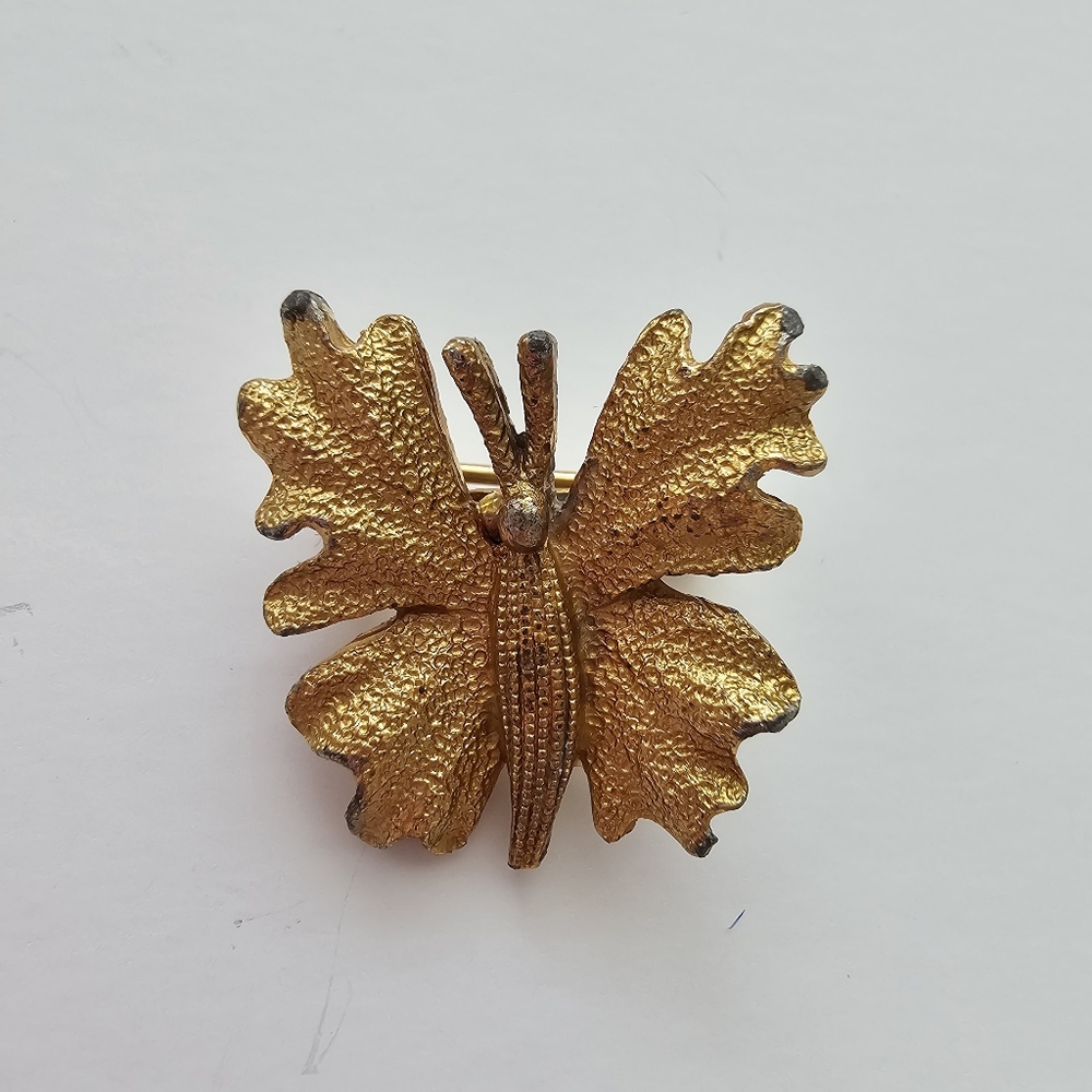 Vintage 1970s Brutalist Butterfly Brooch Textured Gold Tone Leaf Wing Pin